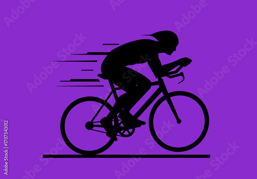 A black silhouette of a cyclist riding a bike on a purple background with speed lines