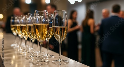 Elegant champagne flutes filled with a light-colored sparkling wine on a bar counter, with a blurred backdrop of a fashionably dressed crowd at a gala. 