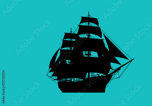 A black silhouette of a large sailing ship dominates a vibrant teal background