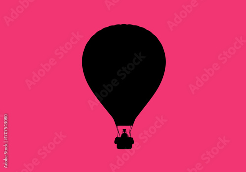 A black silhouette of a hot air balloon against a pink background The balloon has a basket with a person in it