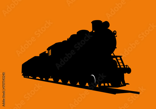 A black silhouette of a steam locomotive on tracks set against an orange background