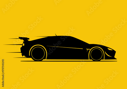 A black silhouette of a sports car with streaks indicating speed on a yellow background