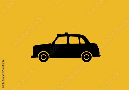 A black silhouette of a taxi car against a yellow background