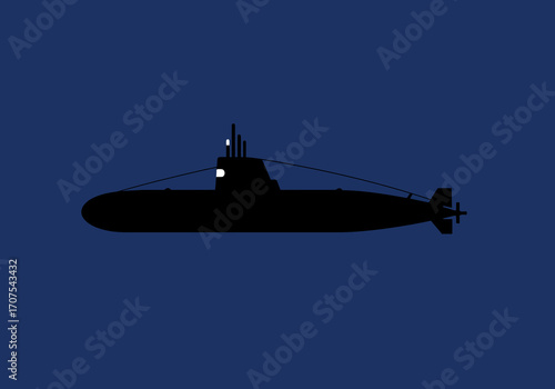 A black submarine silhouette is set against a navyblue background