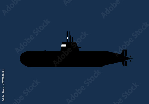 A black submarine silhouette on a blue background with a propeller and a conning tower