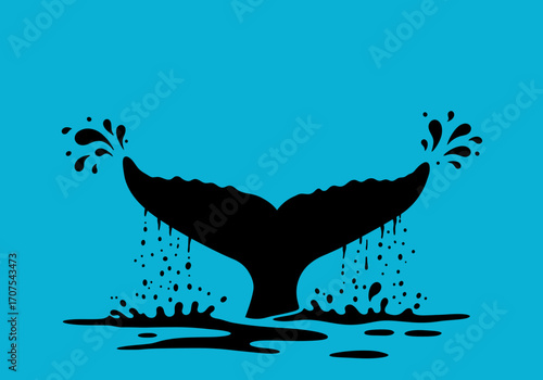 A black whale tail viewed from behind emerges from water surrounded by splashes against a blue background