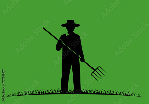 A silhouette of a farmer wearing a hat and holding a pitchfork on a grassy green background