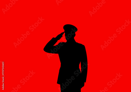 A silhouette of a military person in uniform giving a salute against a plain red background