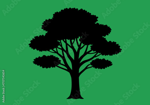 A silhouette of a tree with leafy branches against a green backdrop