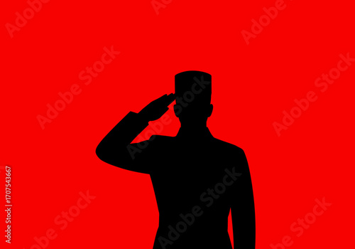 A silhouette of a uniformed person saluting against a red background