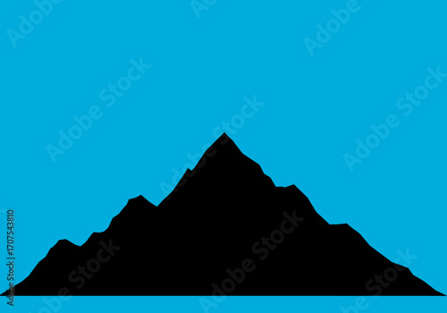 A stark black silhouette of mountains against a cyan background
