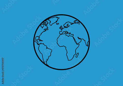A world globe is drawn in black lines on a cyan backdrop