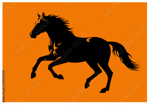 Black horse silhouette on orange showing a rearing pose with a flowing mane and tail evoking strength