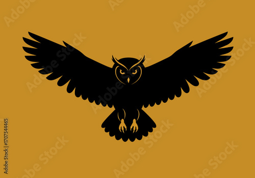 Black owl with open wings centered on a solid goldenrod backdrop