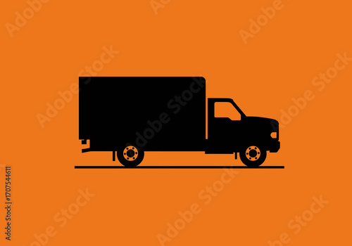 Black silhouette of a delivery truck on an orange background showcasing its boxy shape and distinct drivers cabin