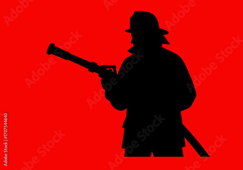 Black silhouette of a firefighter aiming a water hose against a solid red background