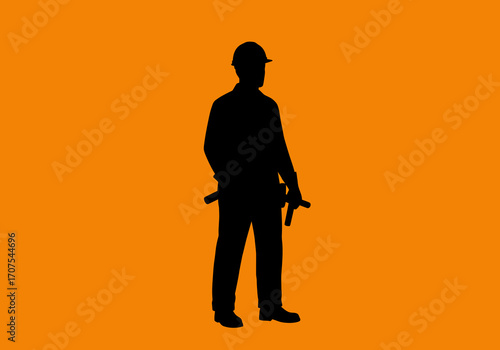 Black silhouette of a worker in a hardhat with tools against a solid orange background