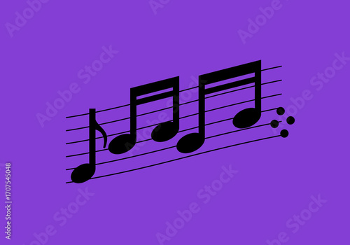 Musical notes on staff against purple one quarter note two eighth notes  three dots
