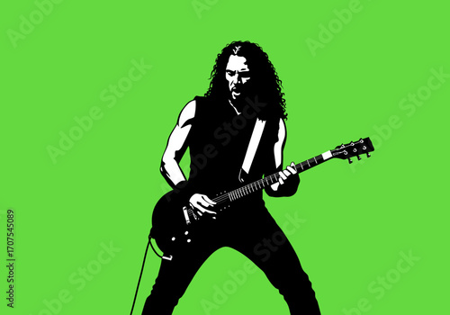 Musician playing guitar with a vibrant green background in a graphic illustration style