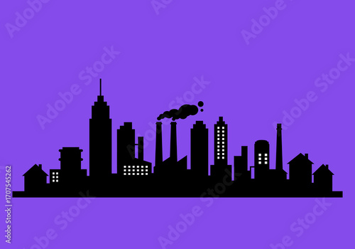 Silhouette of a city skyline against a purple background featuring buildings factories and smokestacks