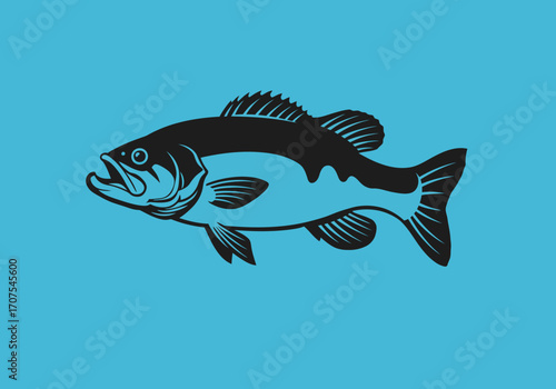 Silhouette of a largemouth bass fish swimming facing left on a solid blue background