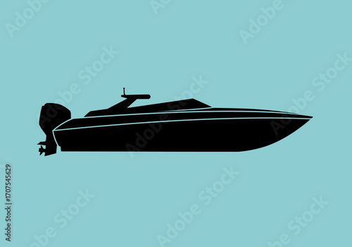 Silhouette of a modern motorboatyacht with an outboard engine against a plain light blue background
