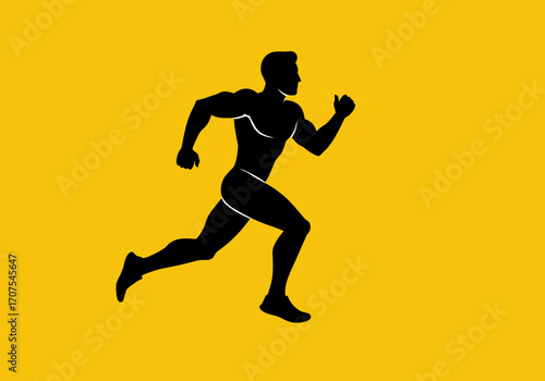 Silhouette of a muscular man running against a yellow background