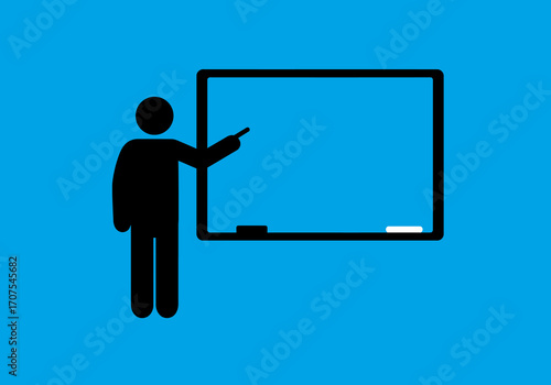 Silhouette of a person pointing to a whiteboard with a blue backdrop