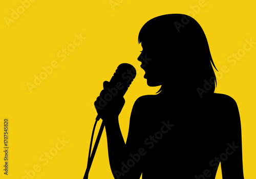 Silhouette of a woman singing into a vintage microphone on a yellow background