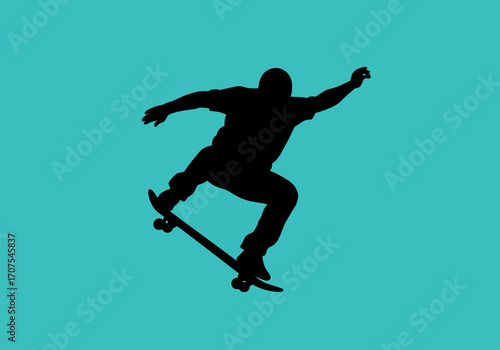 Silhouette of skateboarder midair performing a trick against a solid aqua background