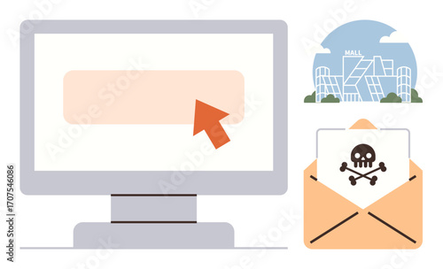 Computer screen with cursor on questionable link, envelope containing malware warning, and modern building. Ideal for cybersecurity, online safety, data security, phishing awareness, digital
