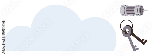 Large cloud shape, motor-thumbs up server element, and keychain with keys emphasizing digital data security, online storage access, and encryption. Ideal for technology, privacy, networking, IT