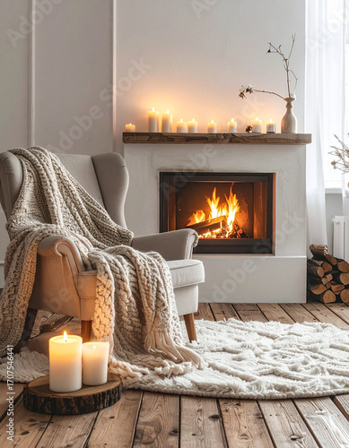 Warm cozy living room interior featuring fireplace, armchair, and candles in winter season