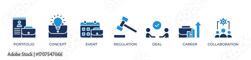 Strategic Career Growth Icons set vector illustration blue with Portfolio, Concept, Event, Regulation, Deal, Career, Collaboration