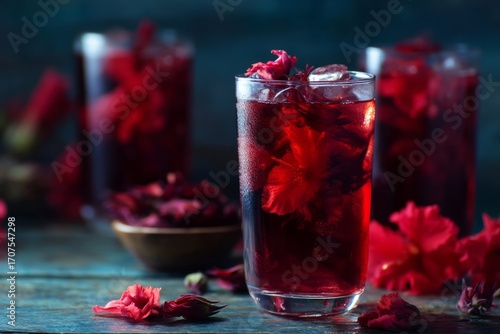 A glass table with iced hibiscus tea in tall glasses. Fresh petals float on the surface. The mood feels refreshing and vibrant, Generative AI 