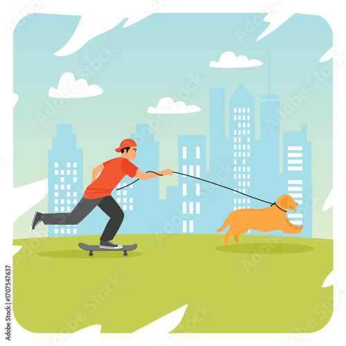People Spend Leisure with Hobbies, Man Skateboarding While Walking His Dog in City Park.
