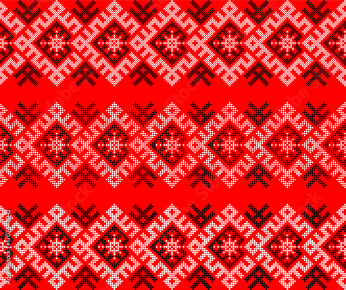 Ukrainian ethnic ornament vector, red and black cross-stitch seamless pattern, traditional vyshyvanka embroidery, folk art border for print, fabric, clothing, website, banner, background