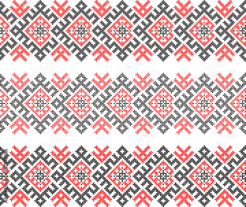 Ukrainian ethnic ornament vector, red and black cross-stitch seamless pattern, traditional vyshyvanka embroidery, folk art border for print, fabric, clothing, website, banner, background