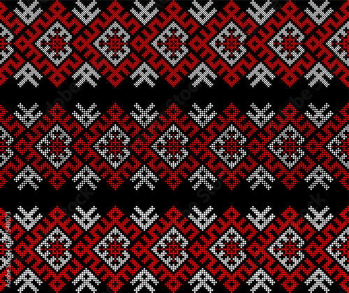 Ukrainian ethnic ornament vector, red and black cross-stitch seamless pattern, traditional vyshyvanka embroidery, folk art border for print, fabric, clothing, website, banner, background