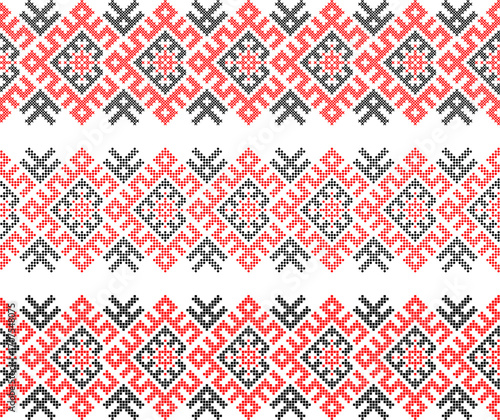 Ukrainian ethnic ornament vector, red and black cross-stitch seamless pattern, traditional vyshyvanka embroidery, folk art border for print, fabric, clothing, website, banner, background