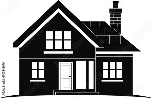 Black house silhouette, residential home, classic architecture, property vector, real estate icon, building facade, roof chimney, window door