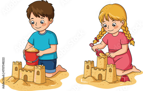 Cartoon boy and girl building sandcastles on beach, summer vacation fun activity with kids playing together in sand vector illustration