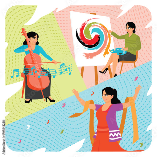 People with Different Hobbies Through Music, Painting, and Dance.