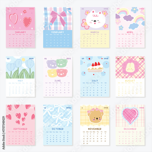 2026 Monthly calendar 12 months template. Cute design layout calendar week starts on sunday with heart, ribbon, dog, bear, cake, flower on colorful background. Use for New year, business, print.