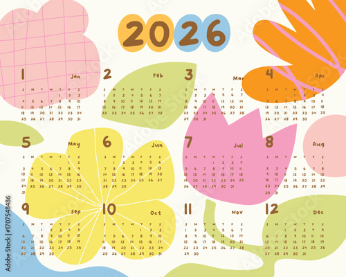 2026 Monthly calendar 12 months template. Cute design layout calendar week starts on sunday with abstract flower on beige background. Use for New year, business, print.