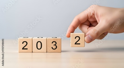 Hand arranging wooden blocks for year two thousand thirty two future planning concept