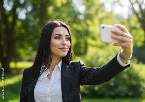 Young woman taking selfie in suit while standing in park  