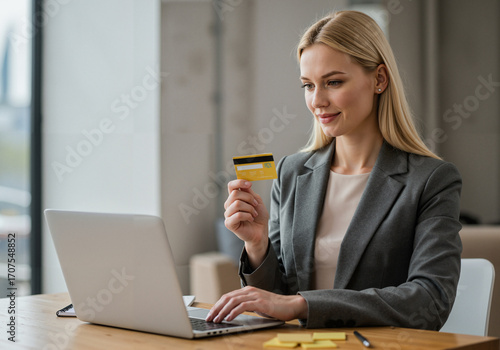 Young woman making online payment with credit card at laptop  