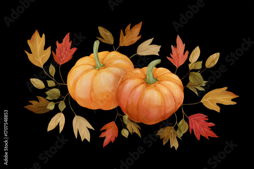 Pumpkins with leaves on a black background in a painted style. 