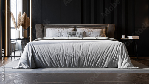 Modern Minimalist Bedroom Interior with Dark Walls and Elegant Lighting